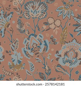 Seamless pattern featuring ornate floral designs in soft earthy and blue tones on a terracotta background, crafted in an artistic vector style. Ideal for decor and stationery.