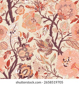 Seamless pattern featuring ornate floral branches in traditional decorative style. Vector illustration for textiles wallpapers and elegant surface design.