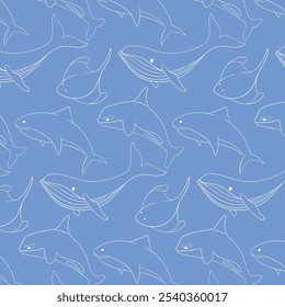 Patrón sin fisuras con ilustración de contorno de animales marinos, incluyendo ballena, tiburón, orca y mantarraya sobre un fondo azul. Perfecto para el diseño temático del océano, tela, Fondo de pantalla y papelería.