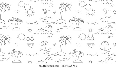 A seamless pattern featuring outlined drawings of palm trees, waves, sun, beach umbrellas, bikinis, and kites, evoking a summer beach vibe.