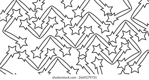 Seamless pattern featuring outlined, irregular stars scattered amongst thin, zigzagging lines forming diamond shapes. Simple, monochrome design.