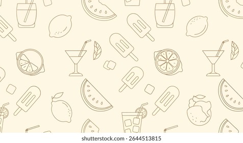 Seamless pattern featuring outlined lemon slices, watermelon wedges, ice pops, and various refreshing summer drinks with straws.