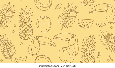 Padrão contínuo com abacaxis contornados, cocos, folhas de palmeira e tucanos, criando um design tropical e de verão.