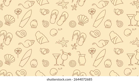 A seamless pattern featuring outlined seashells, surfboards, cocktails, starfish, flip-flops, and beach umbrellas in a light brown color.