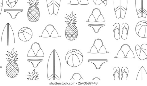 A seamless pattern featuring outlined summer elements: pineapples, swimsuits, surfboards, beach balls, and flip flops.