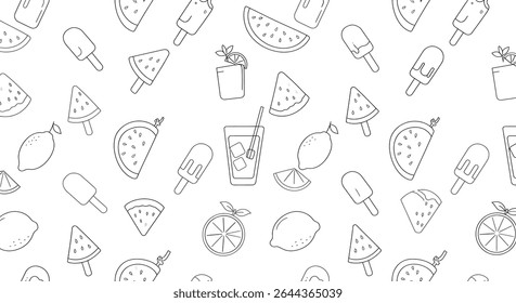 Padrão sem emenda com delineados doces de verão: fatias de melancia, limões inteiros, picolés e bebidas refrescantes em copos com palhas e cubos de gelo.