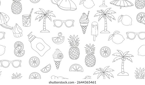 Seamless pattern featuring outlined summer elements: pineapples, lemons, palm trees, sunglasses, ice cream, and sunscreen, creating a summery, tropical vibe.