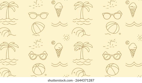 A seamless pattern featuring outlined summer elements: palm trees, sunglasses, beach balls, ice cream cones, suns and waves.