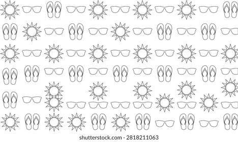 A seamless pattern featuring outlined sun and flip flop icons on a white background, presented in a distinctive silhouette style.