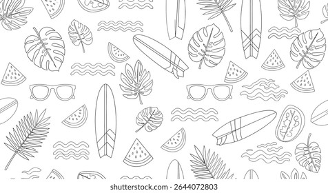 A seamless pattern featuring outlined surfboards, palm leaves, sunglasses, waves and watermelon slices, creating a summer themed design.
