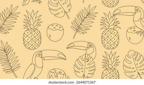 Um padrão sem costura com tucanos contornados, ananases, cocos e folhas de palmeira, criando um design tropical e de verão.