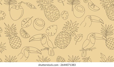 Seamless pattern featuring outlined toucans, pineapples, coconuts, orange slices, and various tropical leaves in a repeating design.