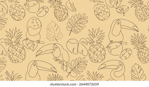 Padrão contínuo com tucanos contornados, abacaxis e folhas tropicais. Estilo de arte de linha simples com uma paleta de cores suaves.