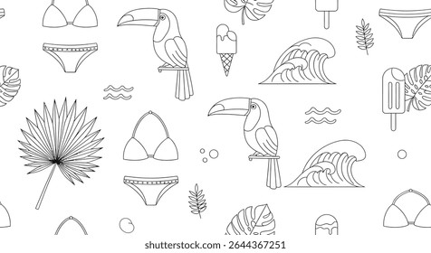 A seamless pattern featuring outlined toucans, ocean waves, swimwear, ice cream, and tropical leaves, creating a summer themed design.