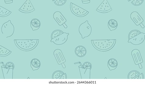 A seamless pattern featuring outlined watermelon slices, lemons, popsicles, and drinks, creating a summery and refreshing vibe.