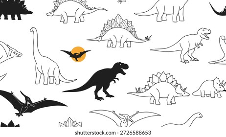 Seamless pattern featuring outlines of various dinosaurs such as triceratops and stegosaurus with some filled in black silhouettes.