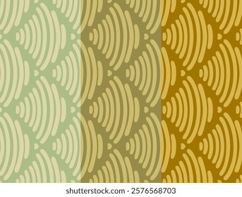 A seamless pattern featuring overlapping oval lines with heart accents, designed in soft green, olive, and golden hues. Perfect for textile design, wallpapers, and packaging.