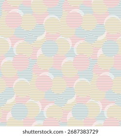 Seamless pattern featuring overlapping, striped circles in a soft, muted pastel color palette of pink, yellow, and blue