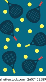 Seamless pattern featuring padel rackets and balls on a turquoise background, representing the popular sport of padel