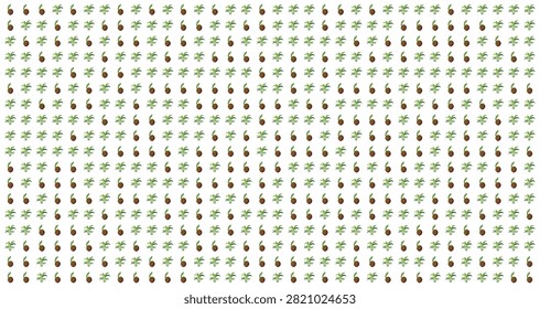 Seamless pattern featuring painted green palm trees and brown tropical leaves arranged evenly on a white background with a clean minimal design