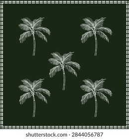 A seamless pattern featuring palm trees, arranged within a hand-drawn frame and checkered border. This funky and groovy design template is a vector flat illustration.