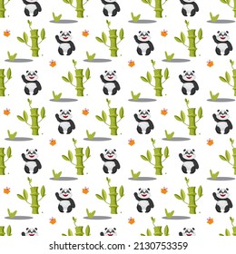 Seamless pattern featuring panda and bamboo. Cute cartoon style. Vector. Seamless background. Textile. Fabric.