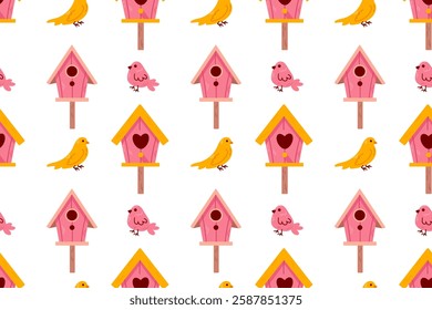 Seamless pattern featuring pastel birdhouses and cute birds on a white background. Perfect for fabric, wrapping paper, and spring-themed designs.