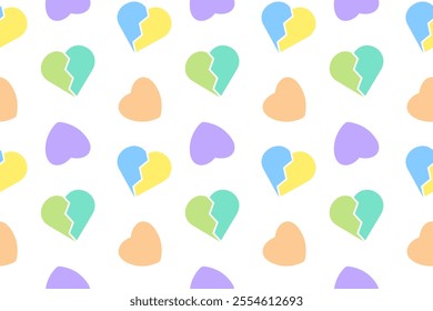 A seamless pattern featuring pastel broken and whole hearts on a white background. Perfect for romantic designs.