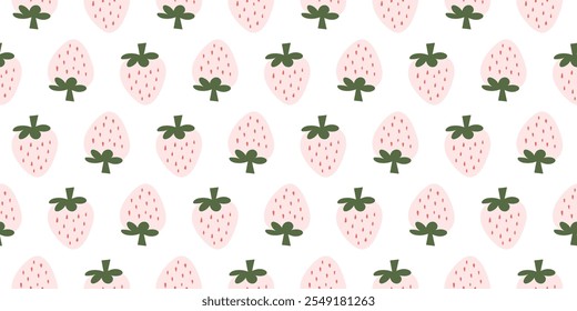 Un patrón sin fisuras con fresas de color rosa pastel con hojas verdes, ideal para estampados y decoración