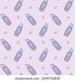 A seamless pattern featuring pastel-colored hand sanitizer bottles with heart details on a soft purple background, perfect for hygiene-themed designs, Vector Illustration
