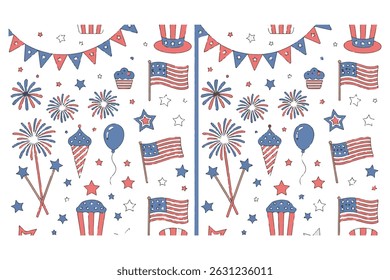Seamless pattern featuring patriotic american celebration elements in red white and blue colors