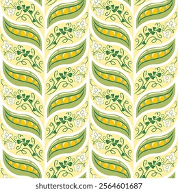 A seamless pattern featuring pea pods and flowers, beautifully illustrated in a flat style. This charming vector design adds a fresh and natural touch, perfect for textiles, wallpapers, and print