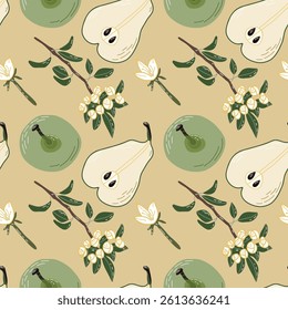 Seamless Pattern Featuring Pears, Flowers, and Leaves in a Natural Aesthetic. Seamless pattern showcasing hand-drawn pears, floral elements, and branches. Perfect for textiles, home decor, or creative