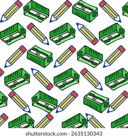 Seamless pattern featuring pencils and sharpeners. Vibrant, repeat design ideal for educational or creative backgrounds. Vector illustration