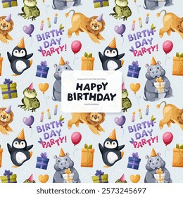 Seamless pattern featuring a penguin, lion, frog, and hippopotamus in a birthday hat, set against a light blue background. Ideal for print or fabric design, vector illustration