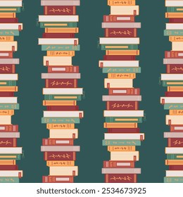 A seamless pattern featuring piles of books, ideal for book enthusiasts. Perfect for wallpaper, fabric printing, packaging, or creating a lovely background for various projects.