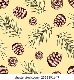 A seamless pattern featuring pine cones and evergreen branches on a soft yellow background