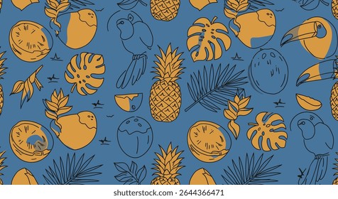 A seamless pattern featuring pineapples, coconuts, toucans, parrots, monstera leaves, and palm fronds in a stylized, outlined design.