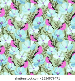 Seamless pattern featuring pink birds and blue flowers with green leaves on a light green background, perfect for spring and summer designs, textiles, and wallpapers