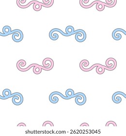 Seamless pattern featuring pink and blue swirls on a white background. Perfect for kids, nursery, wallpaper, wrapping paper, gift box and soft soothing abstract doodle prints on things for babies.