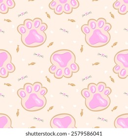 Seamless pattern featuring pink cat paw prints, fish, whiskers, and tiny hearts on a soft beige background. Cute and playful design, perfect for fabric, wallpaper, stationery, and pet-themed products.