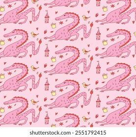 Seamless Pattern Featuring Pink Dragons, Castles, Crowns, Birds, and Hearts. Playful Design for Kids and Fairytale Themes. Decorative Composition on Light Background. Flat Vector Illustration