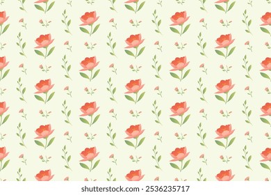 Um padrão sem costura com flores cor-de-rosa, folhas verdes e botões em um fundo verde claro.