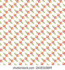  seamless pattern featuring pink flowers with green leaves, showcased on a  white background. Perfect for decorative uses, textiles, wallpaper, or digital designs needing a touch of natural beauty.