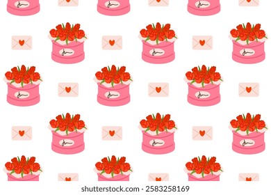 Seamless pattern featuring pink gift boxes filled with red tulips or roses and love letters. A perfect romantic design for wrapping paper or backgrounds.