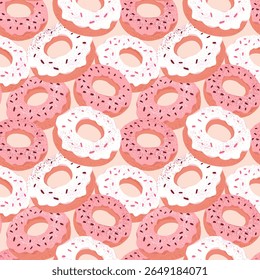 Seamless pattern featuring pink glaze donuts topped with sprinkles on a light background. Perfect repeated print for bakery packaging, cafe decor, food-themed designs, wrapping paper