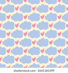 seamless pattern featuring pink hearts and blue clouds
