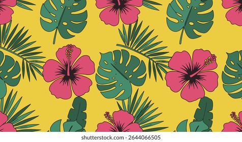 Seamless pattern featuring pink hibiscus flowers, green palm fronds, and monstera leaves, creating a tropical botanical design on a yellow backdrop.