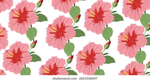 Um padrão sem costura com flores de hibisco rosa com botões vermelhos e folhas verdes, ideal para o design têxtil.