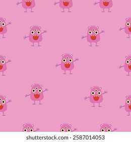 Seamless pattern featuring pink monsters with three eyes and wide mouths on a pink background.